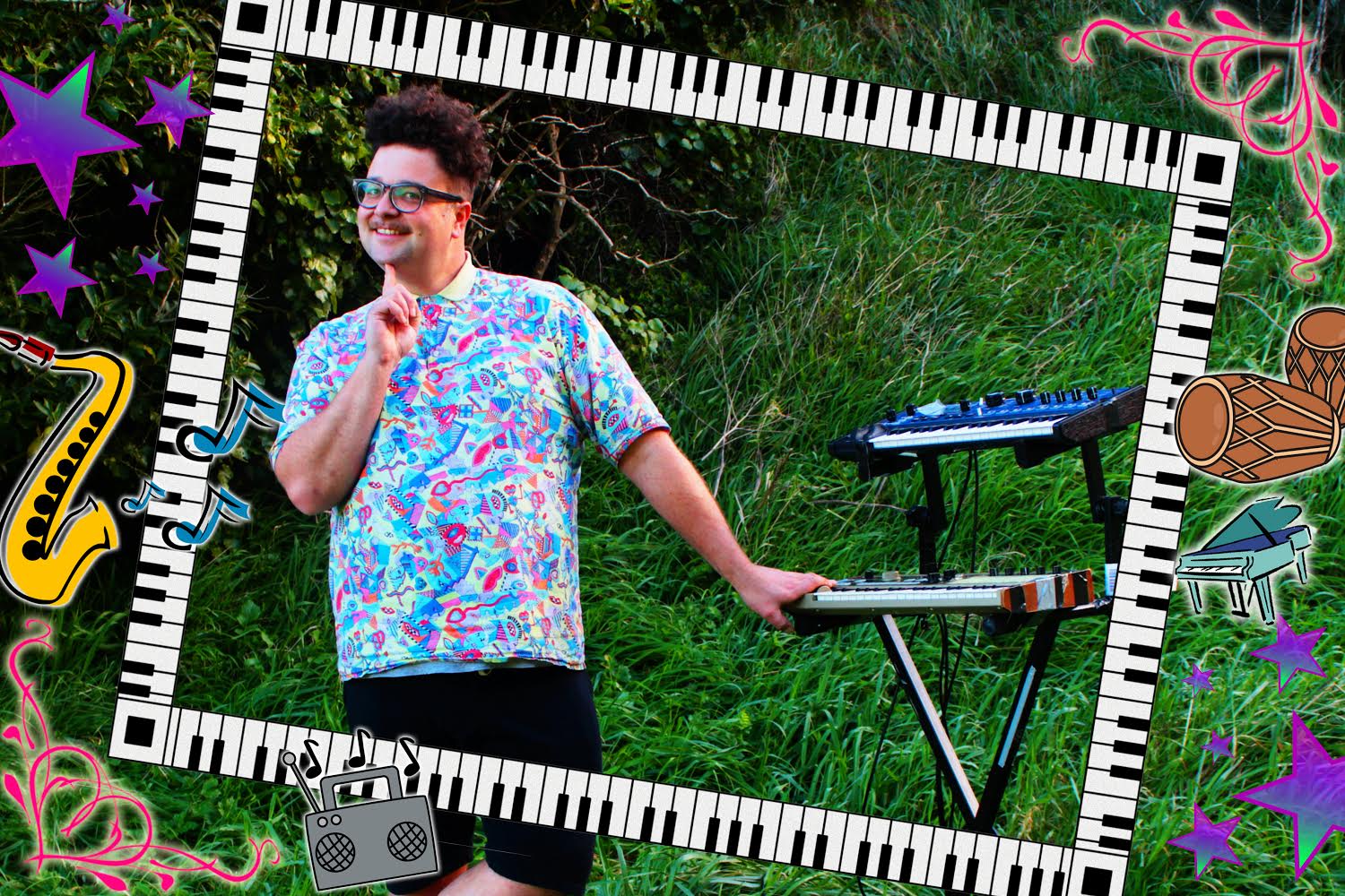 The artist in front of a nondescript grassy knoll with Blingee style frame