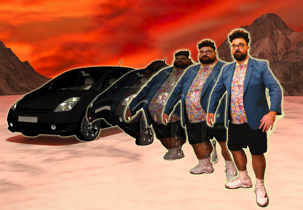 A 3D rendered composite image of the artist transforming animorphs-style into a Generation 2 Toyota Prius