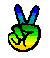 An animated GIF colour cycling of a hand giving a peace symbol