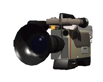 An animated gif of a 3D rendered video camera rotating away and towards the viewer